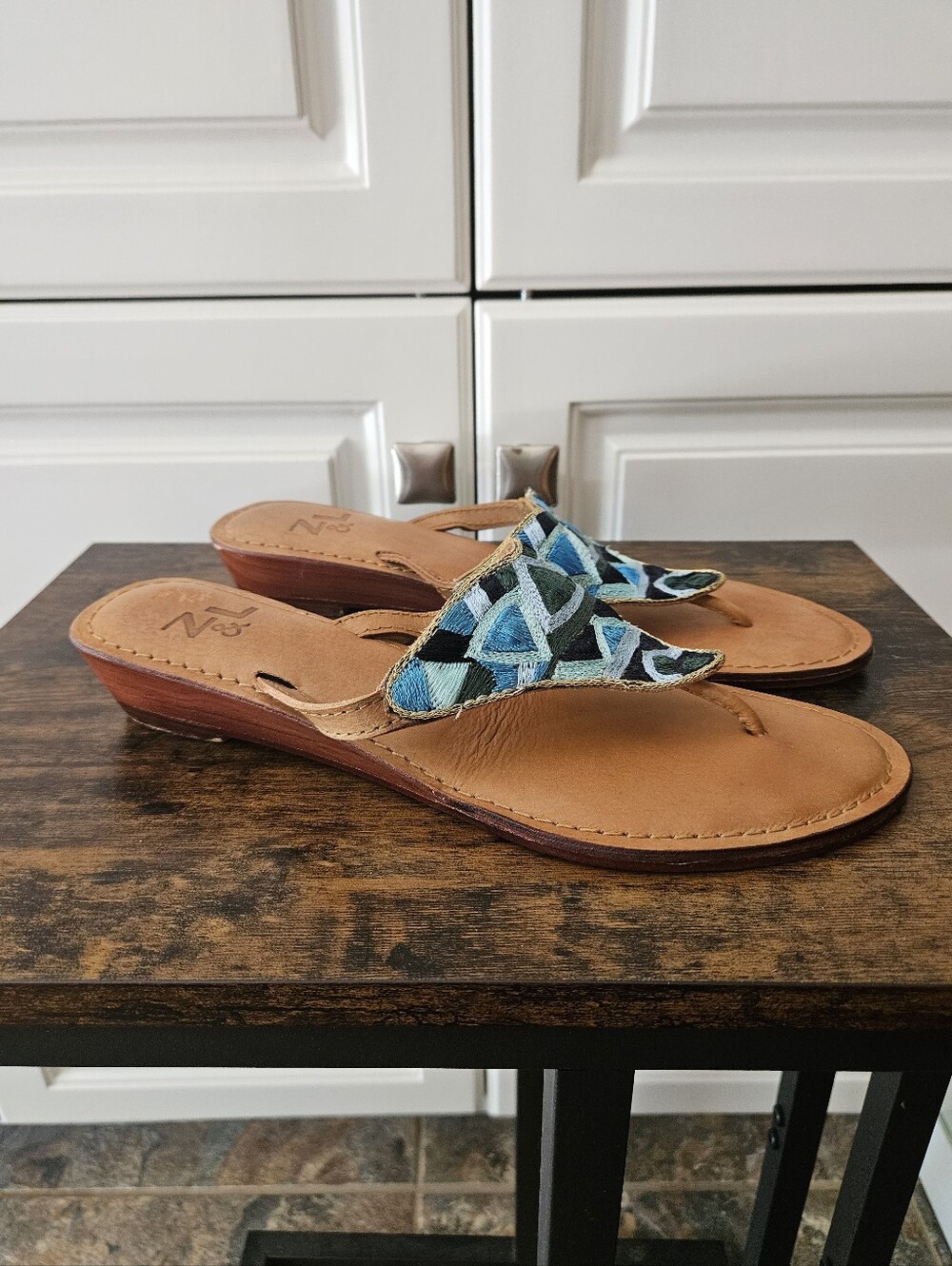 Z&L Blue Embroidered Low Wedge Leather Sandals Boho Beach Coastal Artsy Eclectic